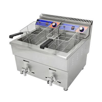 220V ダブルタンクガスディープフライヤー ファーストフードレストラン用 ステンレスチール チキンフライヤー